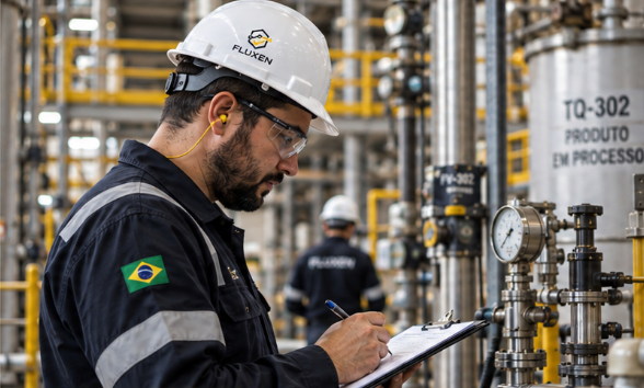Engenheiro da Fluxen realizando uma inspeção em uma planta industrial